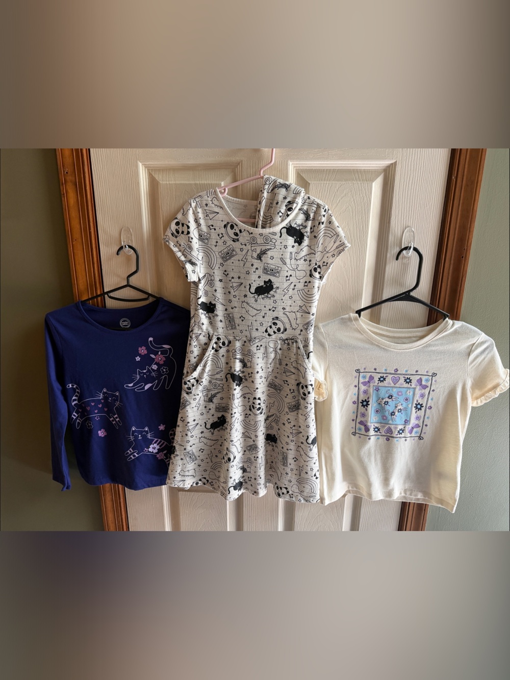 Cat bundle - Girls' Short Sleeve Cat Dress and Tops - b/w, purple, cream